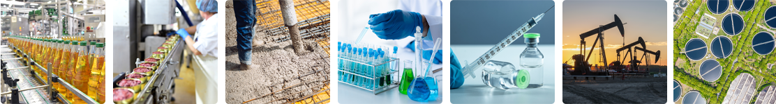 industria alimentare, bevande, pasta, composte, edilizia, lavori pubblici, calcestruzzo, miscele, prodotti farmaceutici, cosmetici, prodotti chimici, gas, miniere, biomasse, petrolio.
